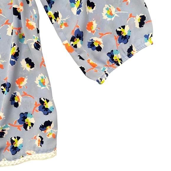 Society Girl Blue Floral Crochet Trim Blouse XL 3/4 Sleeve - Picture 7 of 8